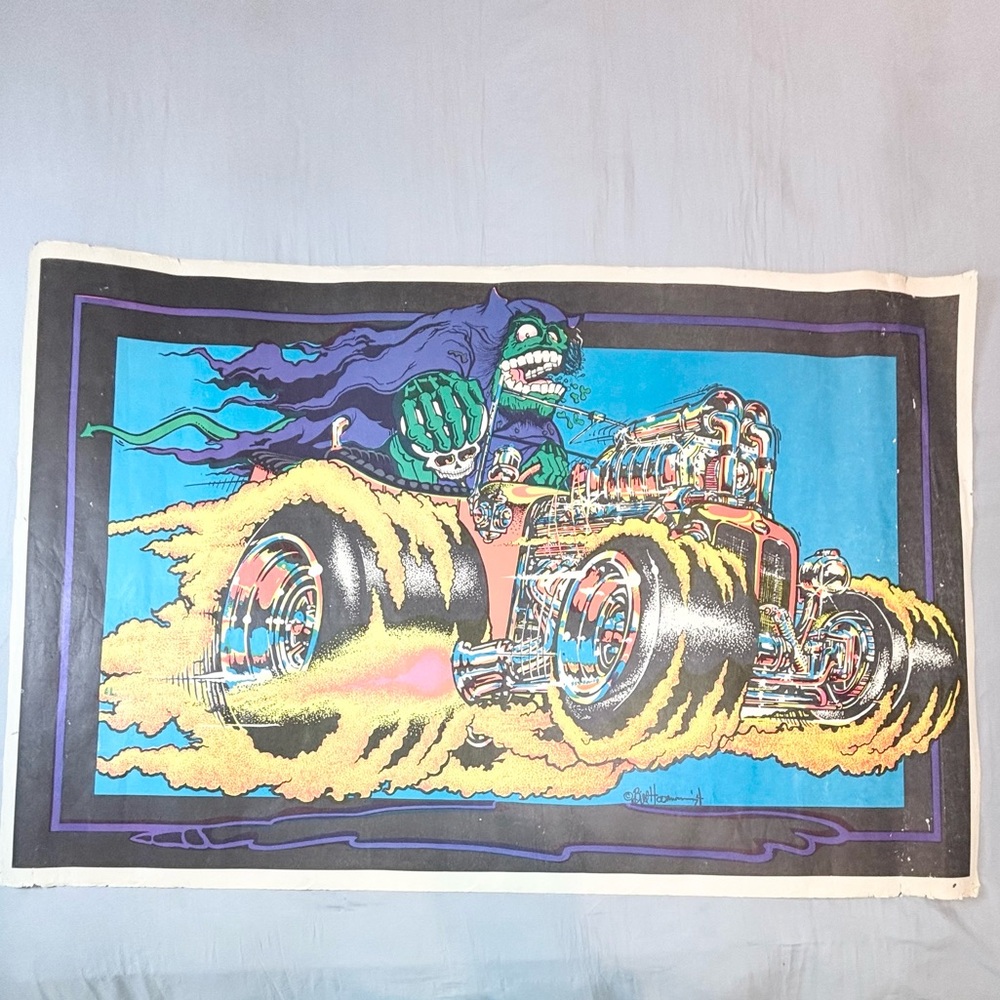 Vintage 1970s Black Light Poster Hot Rod Grim Reaper 34.75x3 Inch‎